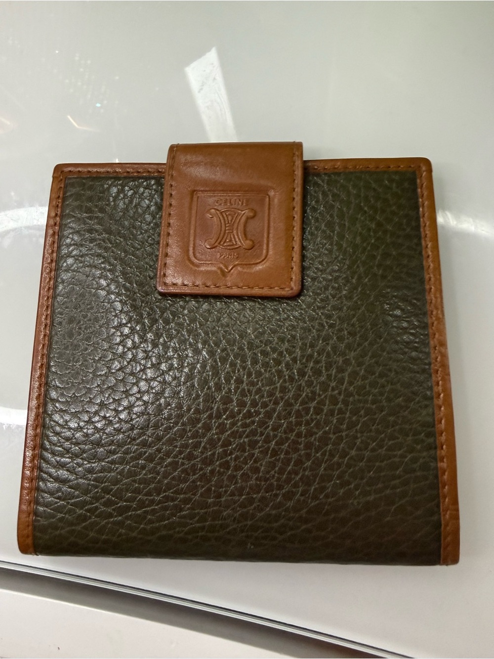 Celine Olive Green and Brown Leather Bifold Wallet with Tab VINTAGE